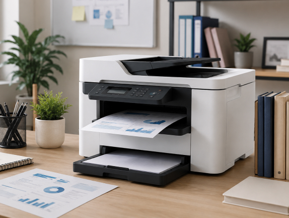 Person using an HP printer in a modern office